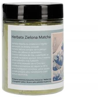 Matcha arbata stikliniame indelyje su Hokusai meno etikete