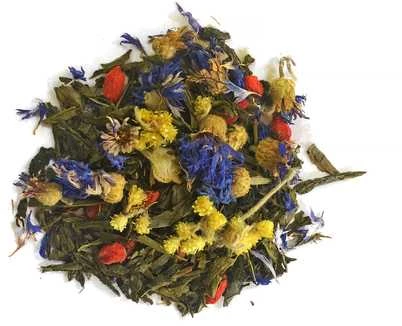 Sencha Goji arbata: lapeliai su rugiagėlėmis ir uogomis