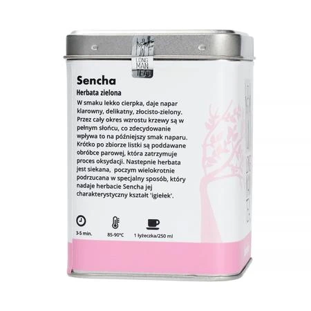 Long Man Sencha arbata – skardinė pakuotė su aprašymu