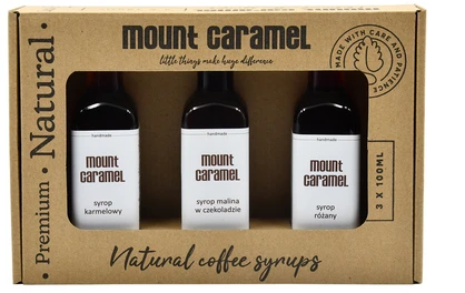 „Mount Caramel“ sirupų rinkinys 3 × 100 ml – Karamelė · Rožė · Avietės šokolade