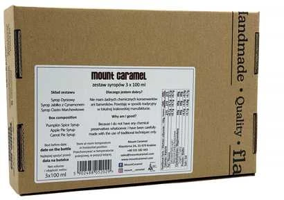 „Mount Caramel“ sirupų rinkinys 3 × 100 ml – moliūgų · morkų pyrago · obuolių su cinamonu