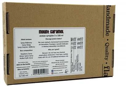 „Mount Caramel“ sirupų rinkinys 3 × 100 ml – Aviečių · Gėrimo kokteilis · Obuolių karštas vynas