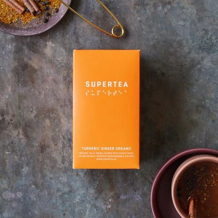 Supertea ciberžolės ir imbiero arbata ryškioje pakuotėje
