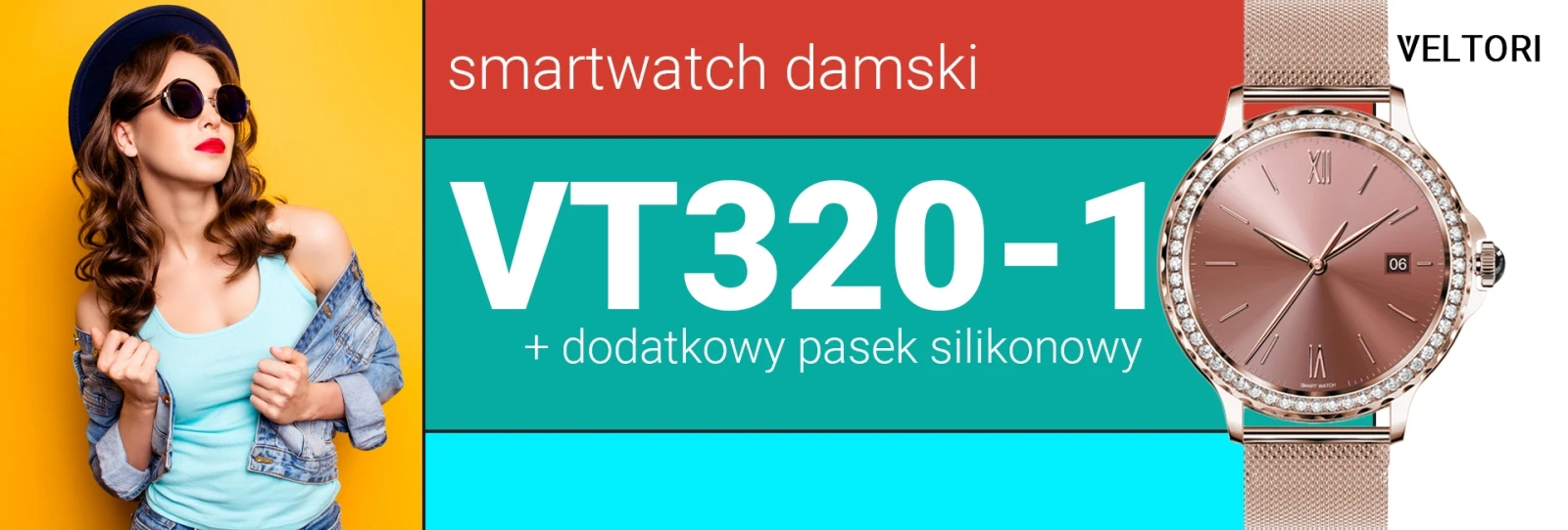 Giewont Išmanusis laikrodis Damski VELTORI VT320-1 Złota Bransoleta + Rožinė Dirželis Silikonowy aprašymas - Prekės nuotrauka