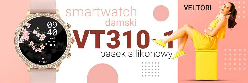 VELTORI VT310-1 Išmanusis laikrodis moterims Auksinė apyrankė + Rožinis silikoninis dirželis