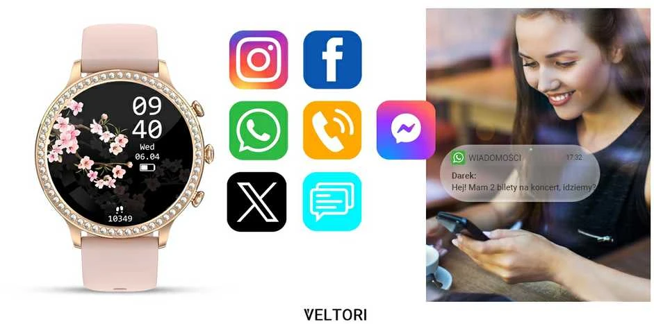 VELTORI VT310-1 Išmanusis laikrodis moterims Auksinė apyrankė + Rožinis silikoninis dirželis