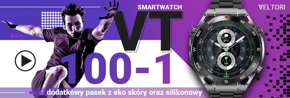 VELTORI VT100-1 Išmanusis laikrodis + Juodas silikoninis dirželis + Juoda ekooda