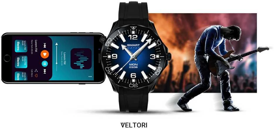 VELTORI VT150-1 Išmanusis laikrodis Juodas silikoninis dirželis ir Juoda apyrankė