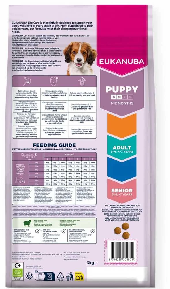 Sausas maistas Eukanuba Life Care mažų ir vidutinių veislių šuniukams su ėriena ir ryžiais, S/M, 12 kg