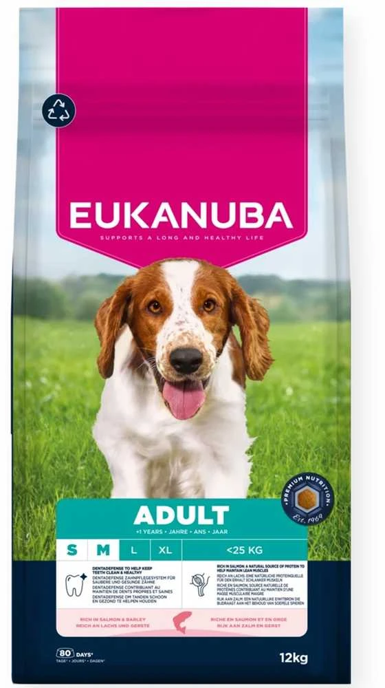 Šunų Maistas - EUKANUBA Suaugusiųjų Mažų/vidutinių Veislių Lašiša ir Miežiai 12kg