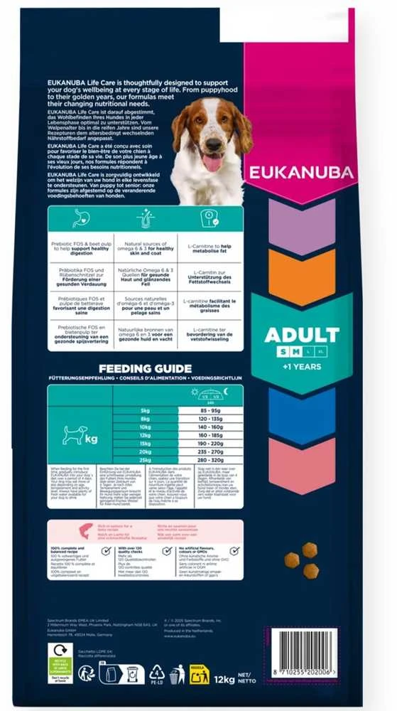 Šunų Maistas - EUKANUBA Suaugusiųjų Mažų/vidutinių Veislių Lašiša ir Miežiai 12kg