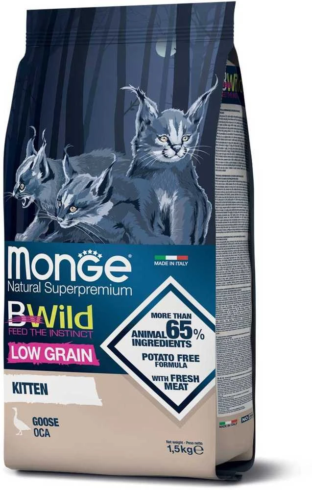 Monge BWild Kitten visavertis pašaras jauniems kačiukams su žąsiena 1,5kg