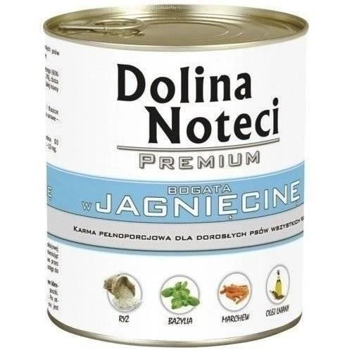 Visavertis konservuotas pašaras visų veislių suaugusiems šunims Dolina Noteci PREMIUM su ėriena 800g