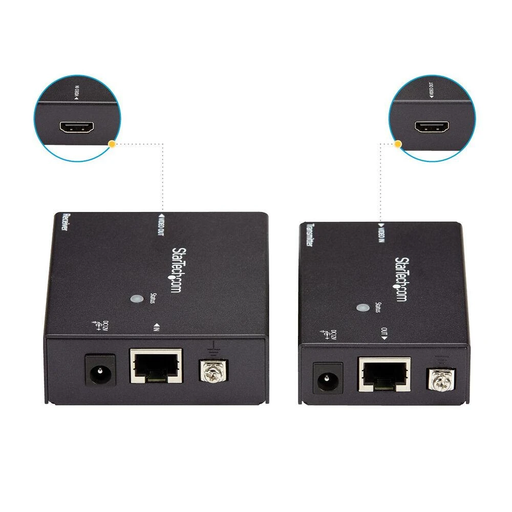 StarTech HDMI plėtiklis: siųstuvo ir imtuvo jungtys