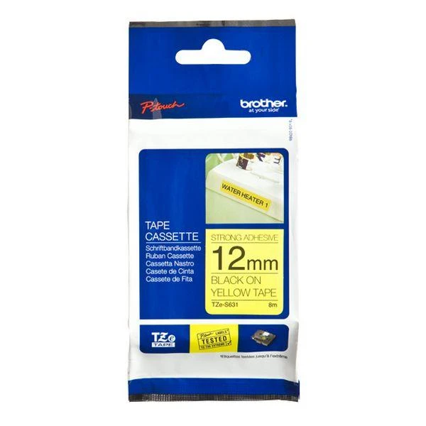 Brother | TZe-S631 Strong Adhesive Laminated Tape | Juodas on Geltona | TZe | 8 m | 1.2 cm