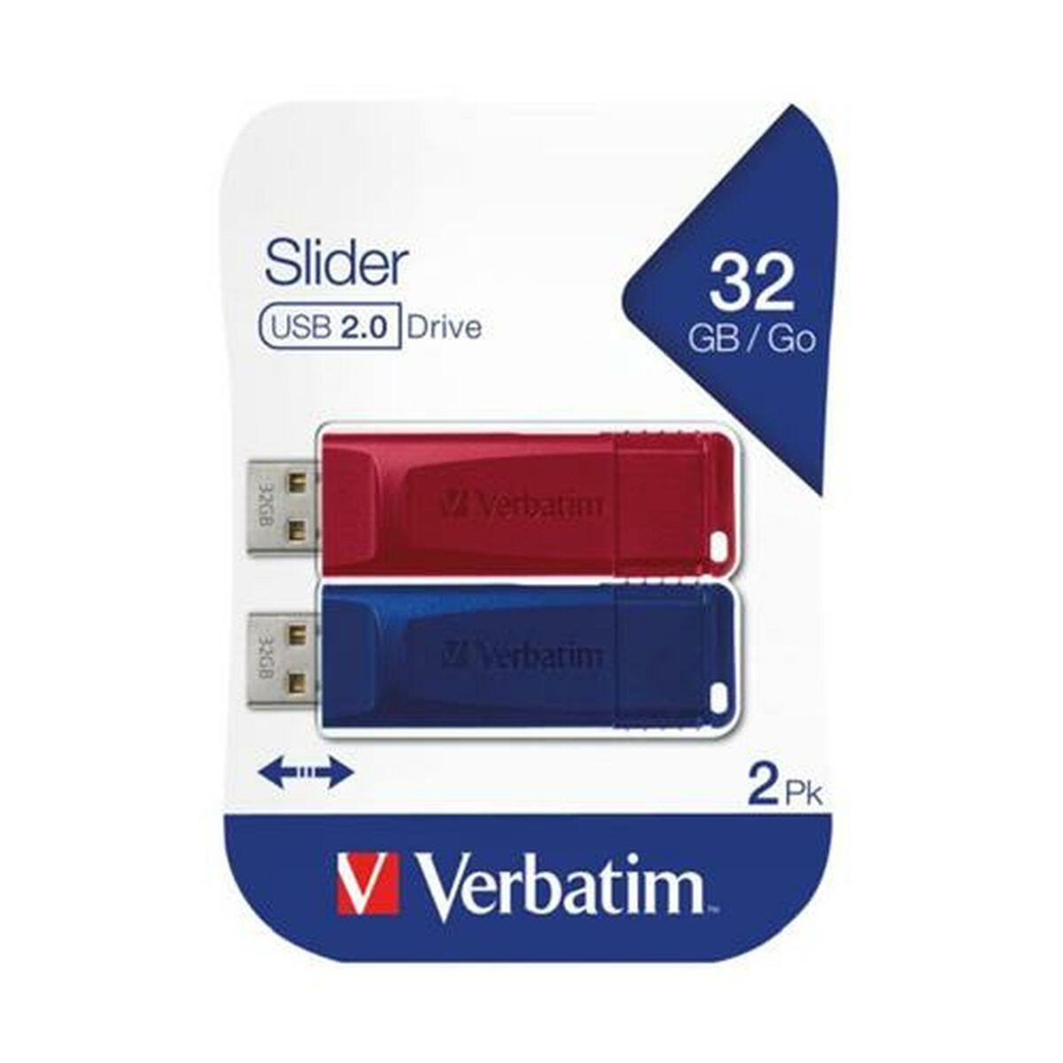 Verbatim USB atmintinė, USB 2.0, 32GB, Slider, mėlyna, raudona, 49327, USB A, usb su ištraukiama jungtimi. 2 vnt