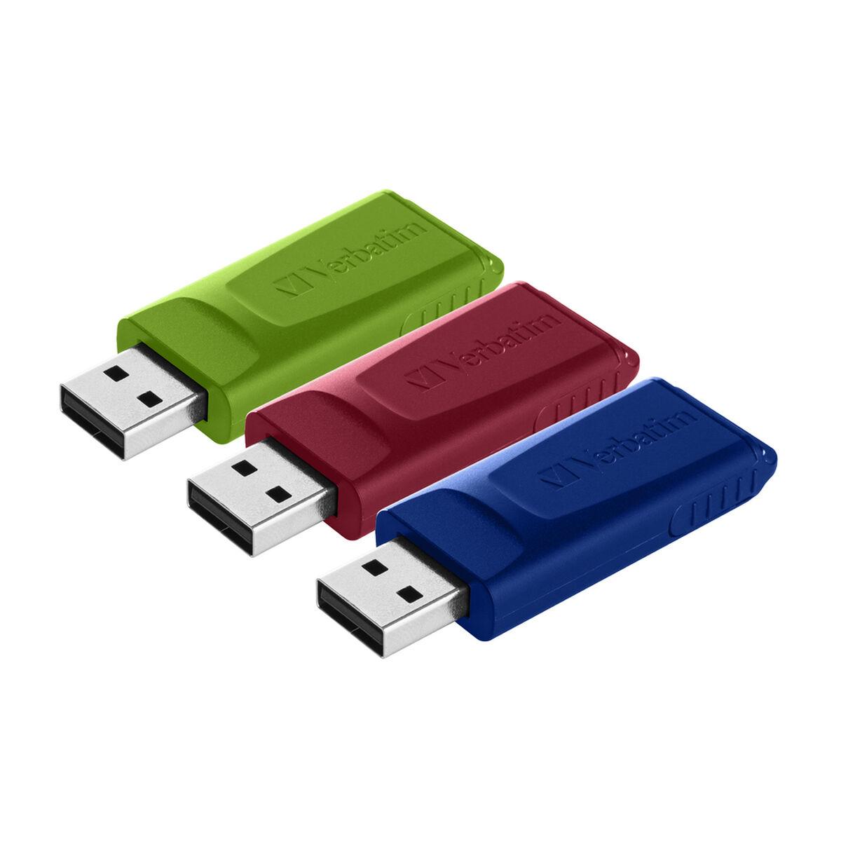 Verbatim USB atmintinė, USB 2.0, 16GB, Slider, žalia, mėlyna, raudona, 49326, USB A, su ištraukiama jungtimi. 3 vnt