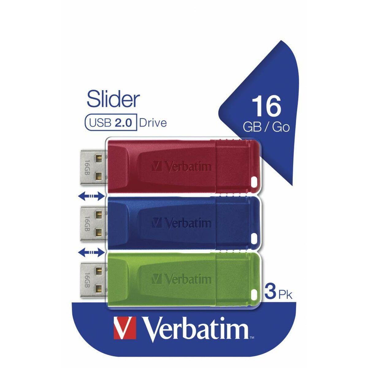 Verbatim USB atmintinė, USB 2.0, 16GB, Slider, žalia, mėlyna, raudona, 49326, USB A, su ištraukiama jungtimi. 3 vnt