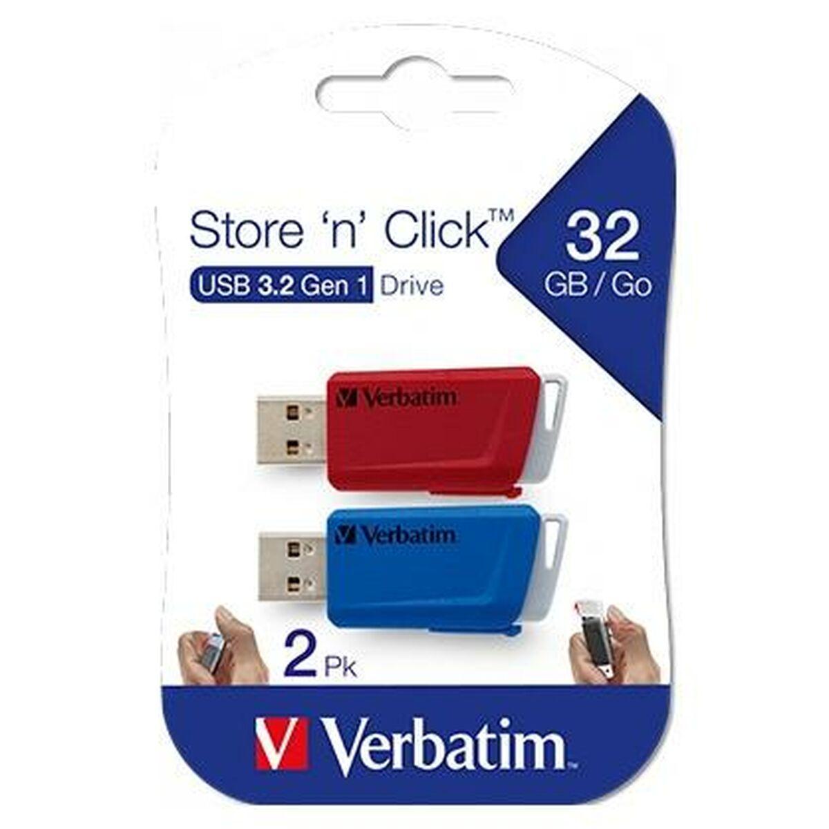 „Verbatim“ USB atmintinė, USB 3.0, 32 GB, „Store N Click“, spalvų derinys, 49308, USB A, su ištraukiama jungtimi. 2 vnt