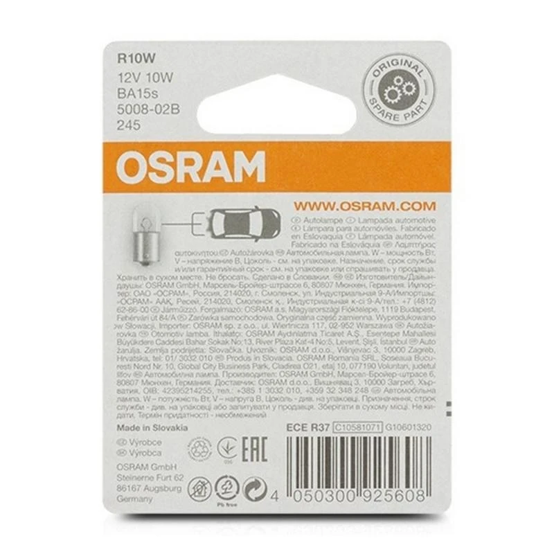 Osram R10W lempučių techninė informacija ant pakuotės
