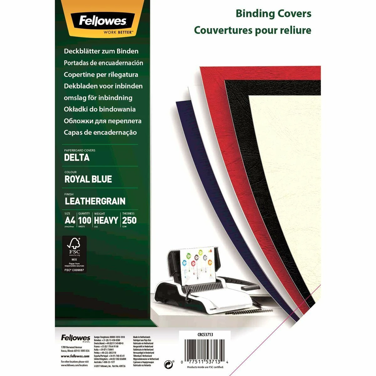 FELLOWES 5371305 Įrišimo viršelis (odinis raštas) DELTA A4. laivynas – FSC. 100 vnt