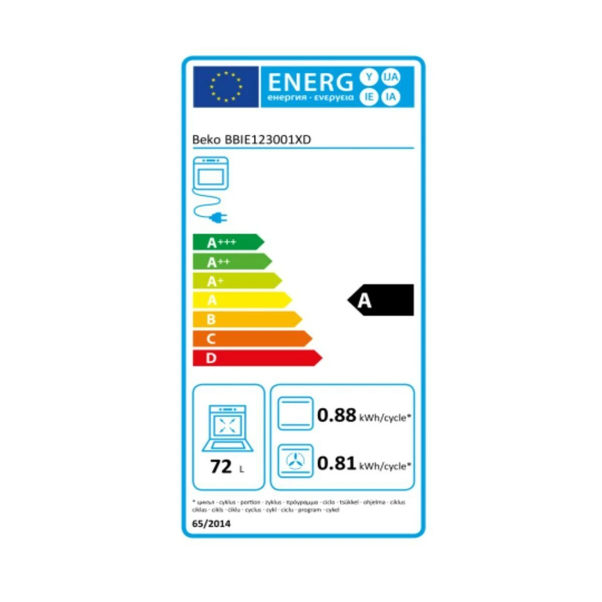 Beko BBIE123001XD orkaitė 72 L 2400 W A Nerūdijantis plienas
