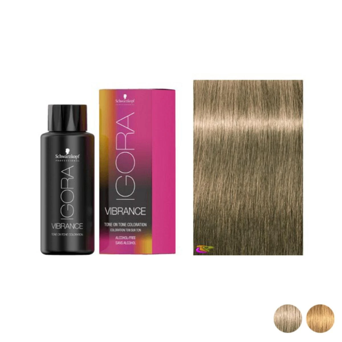 Schwarzkopf Igora Vibrance dažų buteliukas ir spalvos pavyzdys