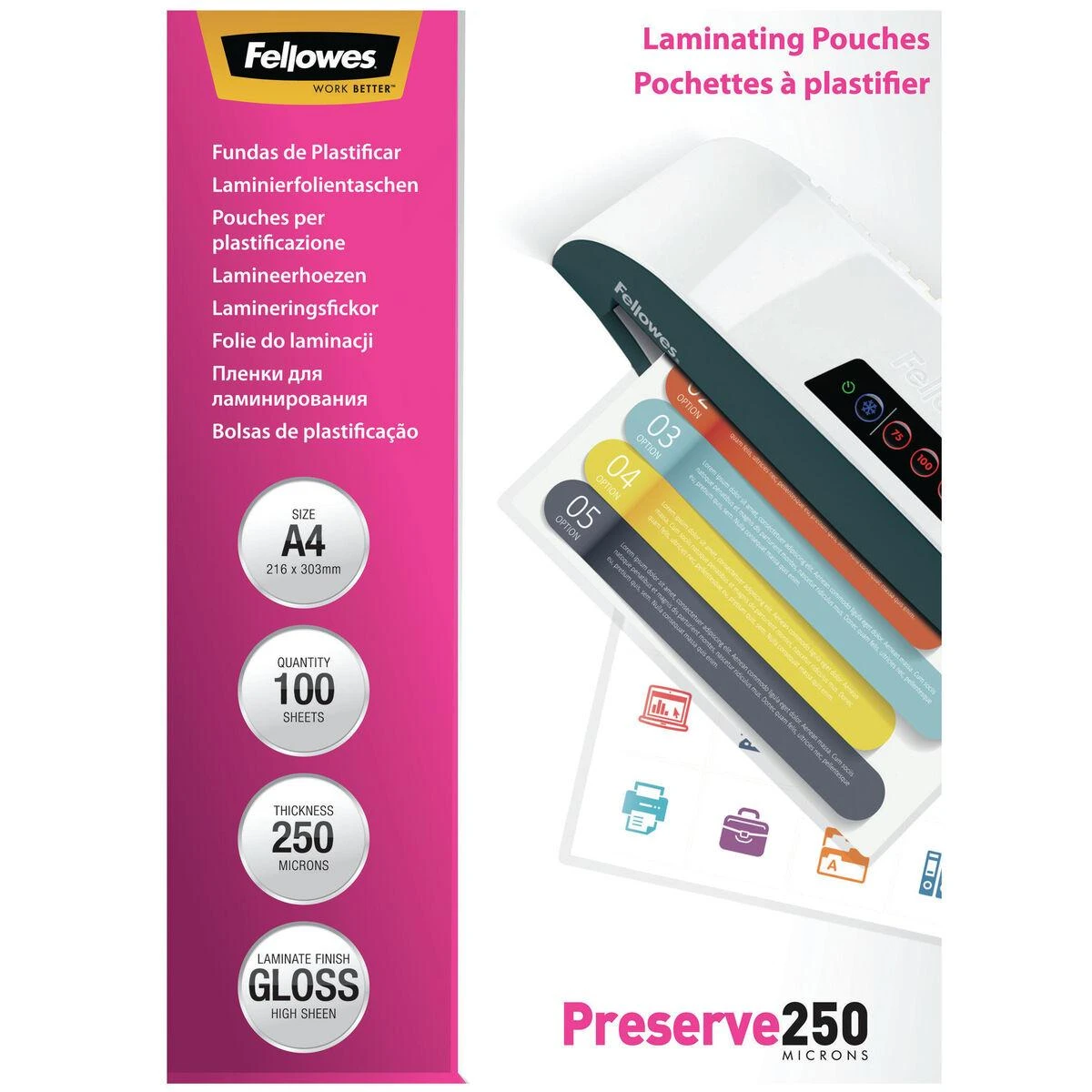 LAMINATOR POUCH GLOSSY/A4 250 100PCS 5401802 FELLOWES