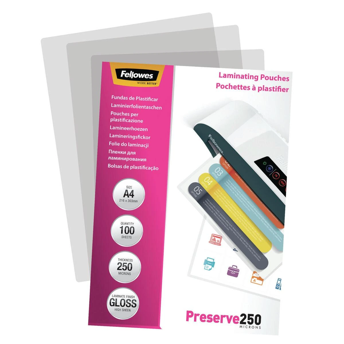 LAMINATOR POUCH GLOSSY/A4 250 100PCS 5401802 FELLOWES
