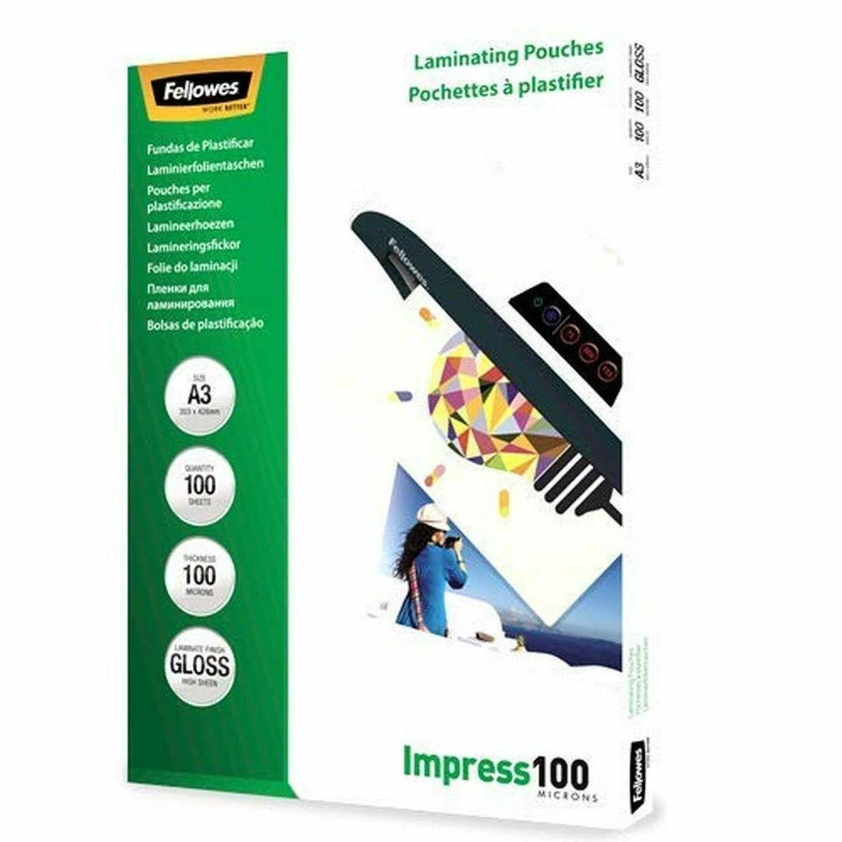 Fellowes | Laminavimo maišelis | A3 | Blizgus | Storis: 100 mikronų, kiekis pakuotėje: 100 vnt.; Idealiai tinka pranešimams, rankdarbių medžiagoms, iškaboms ir dažnai naudojamiems dokumentams; Suderinamas su visų prekių ženklų laminatoriais