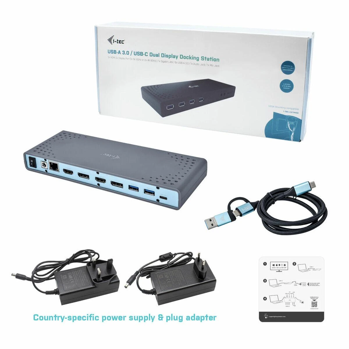 I-TEC USB 3.0 / USB-C Dualdock 1x 5K 2x 4K 60Hz 2x HDMI 2x DP 1x GLAN 6x USB 3.0 1x Audio / Mic Jack Kensington, suderinamas su TB 3
