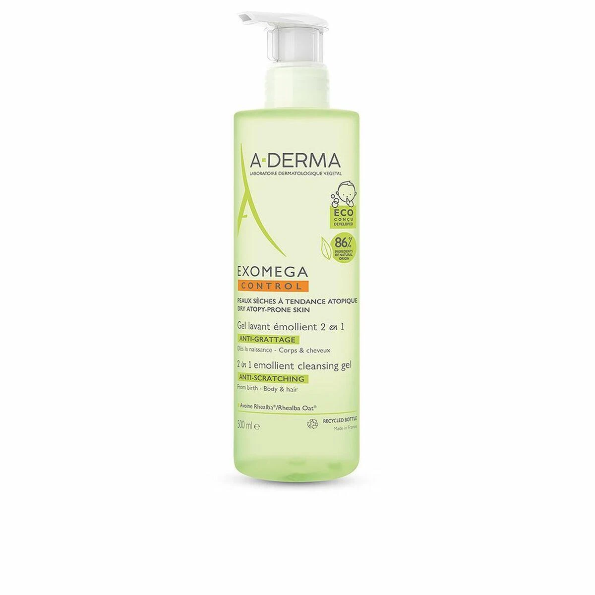 A-Derma Exomega Control Emolient 2in1 valomasis gelis kūnui ir plaukams, 500 ml