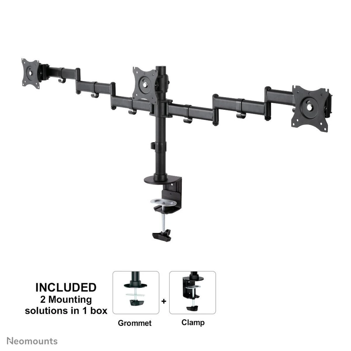 Laikiklis Neomounts by Newstar Select Tilt/Turn/Rotate Triple Desk Mount (spaustukas) trims 10-27" Monitorius ekranams, reguliuojamo aukščio - Juodas