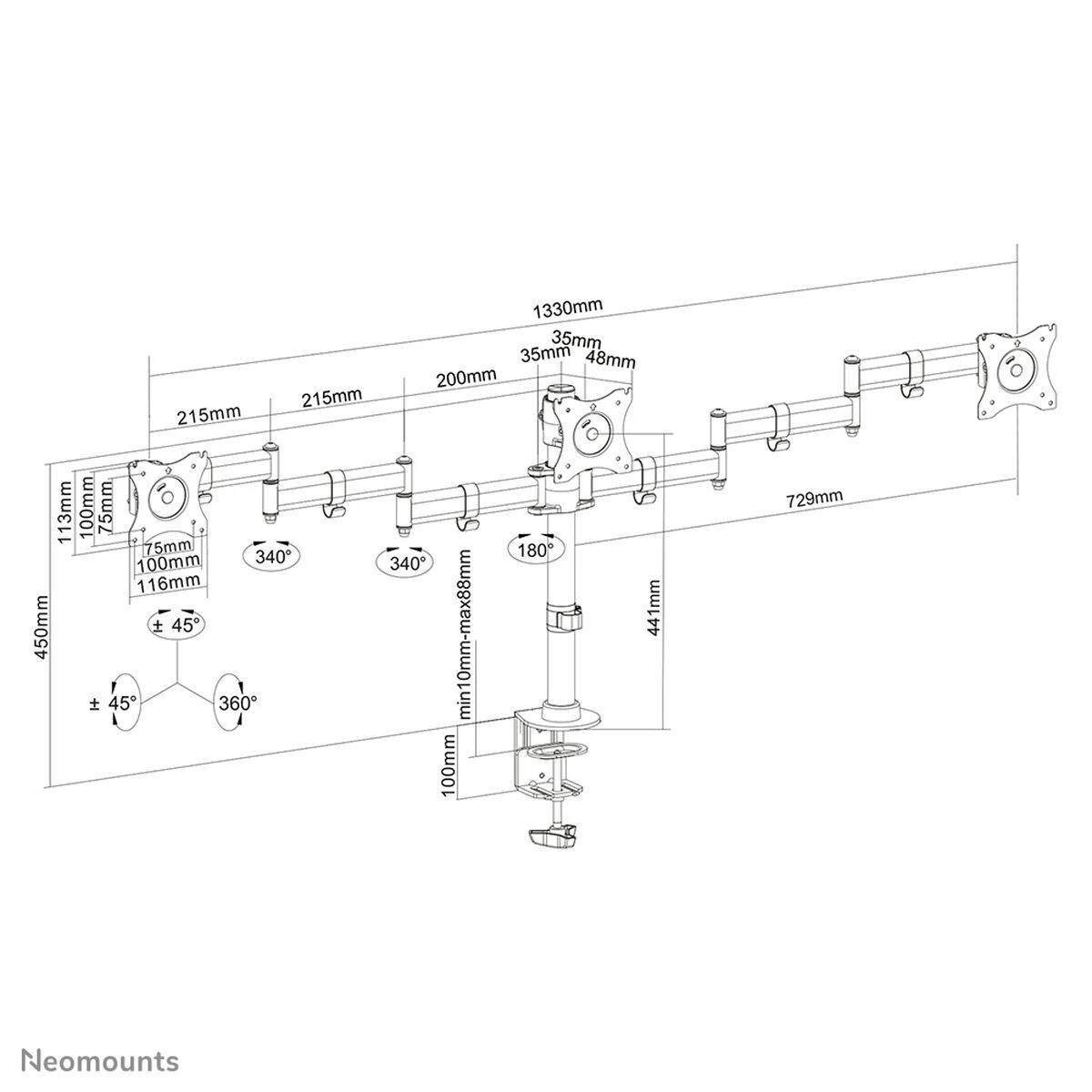 Laikiklis Neomounts by Newstar Select Tilt/Turn/Rotate Triple Desk Mount (spaustukas) trims 10-27" Monitorius ekranams, reguliuojamo aukščio - Juodas