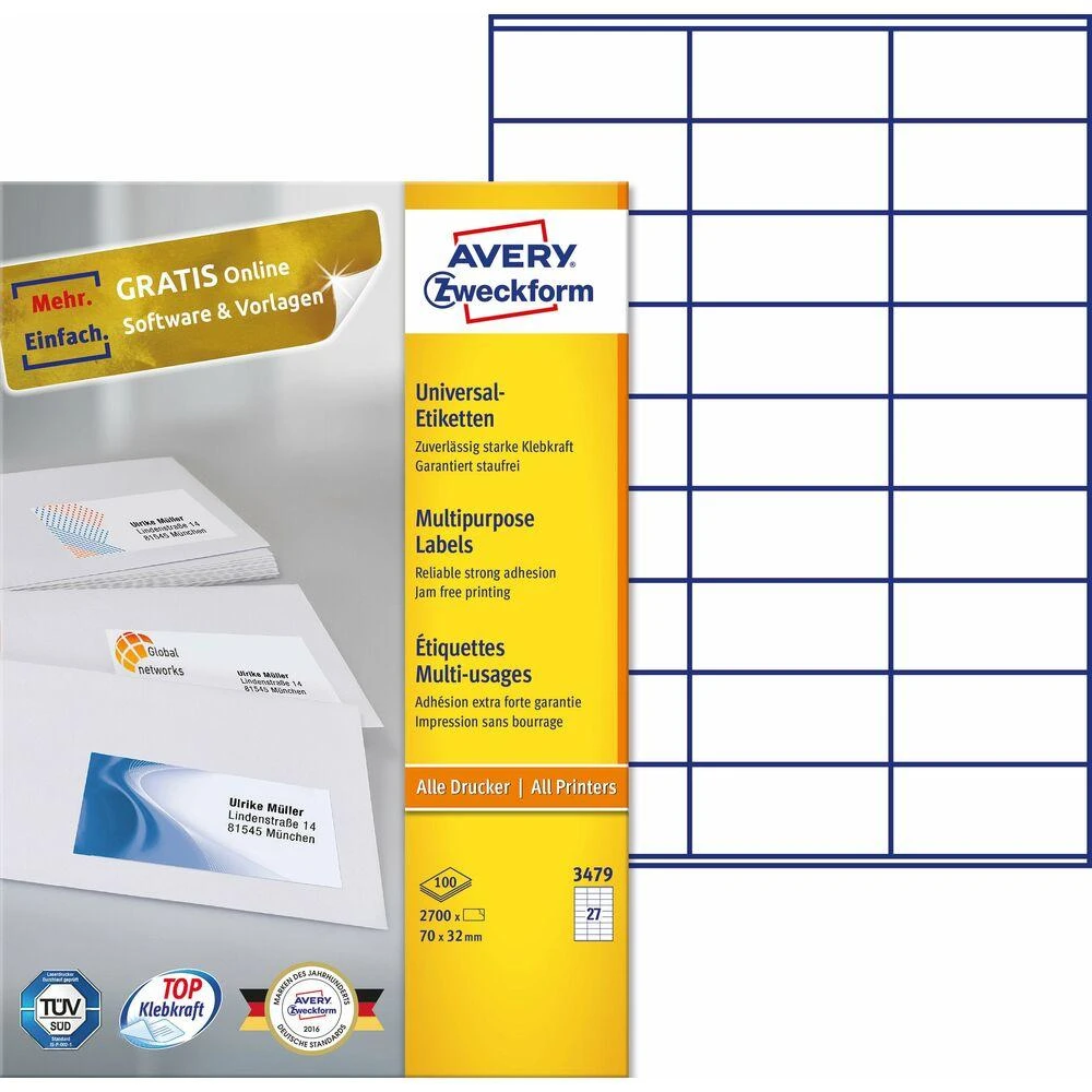 Lipnios etiketės Avery Zweckform, A4, 70x32mm, 27 etiketės lape, 100 lapų, baltos spalvos