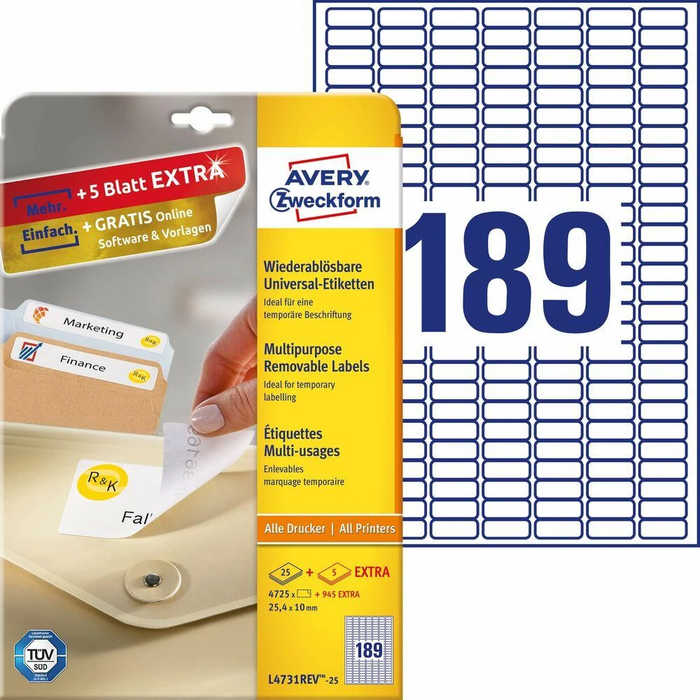 Lipnios etiketės Avery Zweckform, A4, 25.4x10mm, nuimamos, 189 etiketės lape, 25 lapai