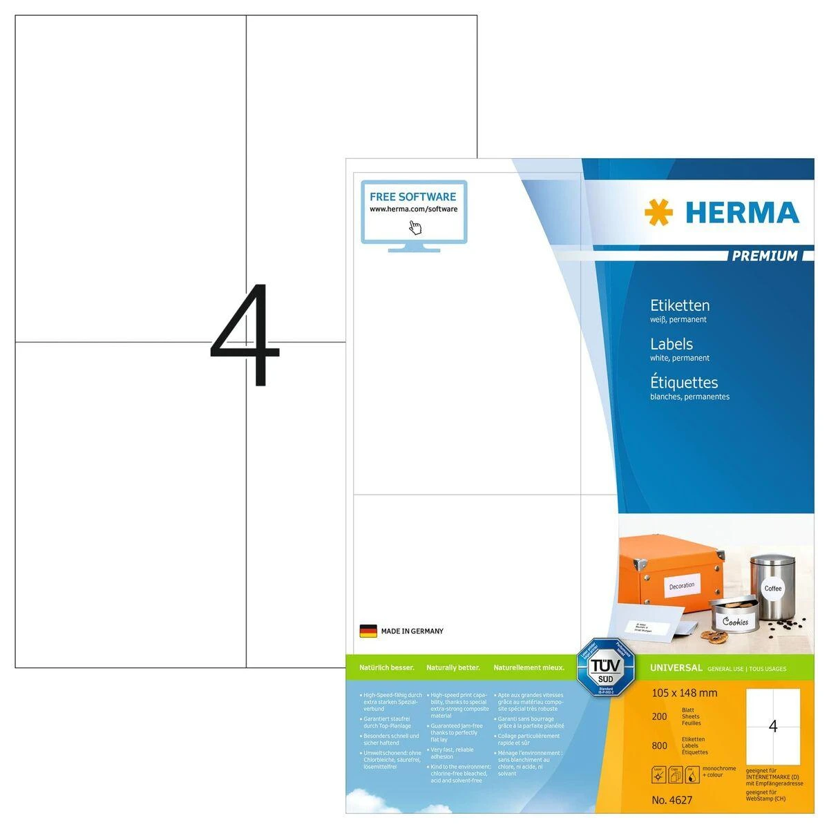 HERMA 4627 lipni etiketė Balta Stačiakampis Ilgalaikis 800 vnt