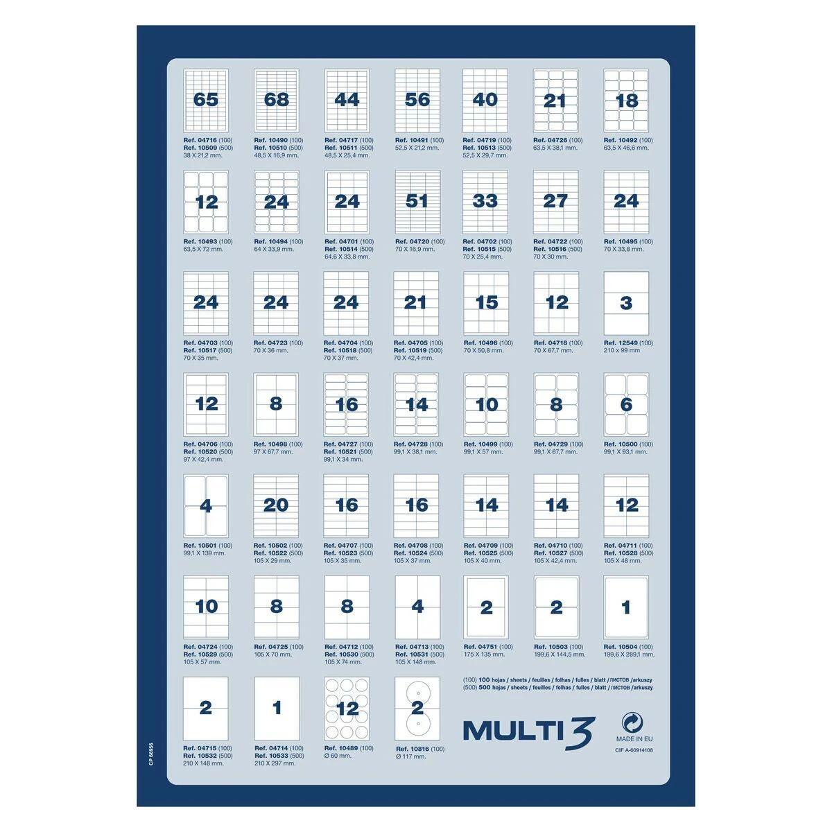 Multi 3 Lipnios etiketės Multi3, A4, 105x40mm, 14 etikečių lape, 100 lapų, baltos spalvos