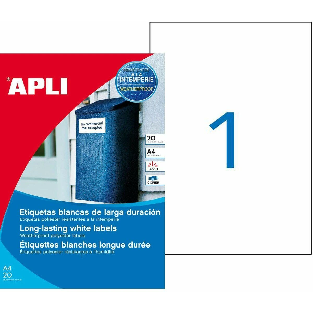 Lipnios etiketės Apli, A4, 210x297mm, atsparios aplinkos poveikiui, poliesterio, 20 lapų, baltos spalvos