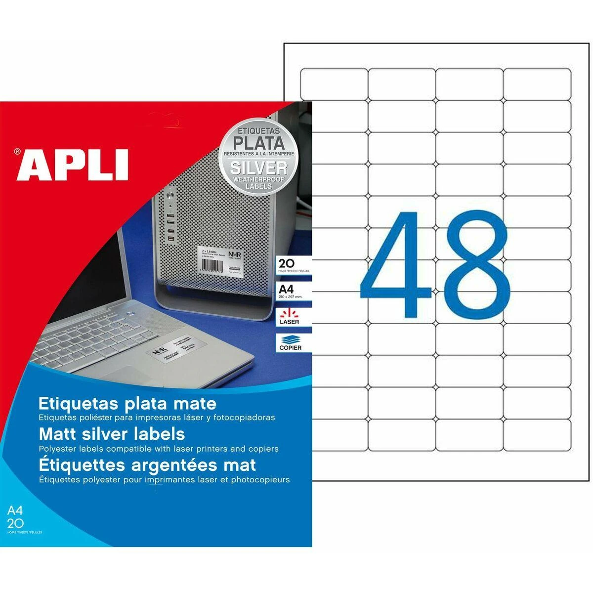 Lipnios etiketės Apli, A4, 45.7×21.2mm, 48 etiketės lape, 20 lapų, sidabrinės spalvos