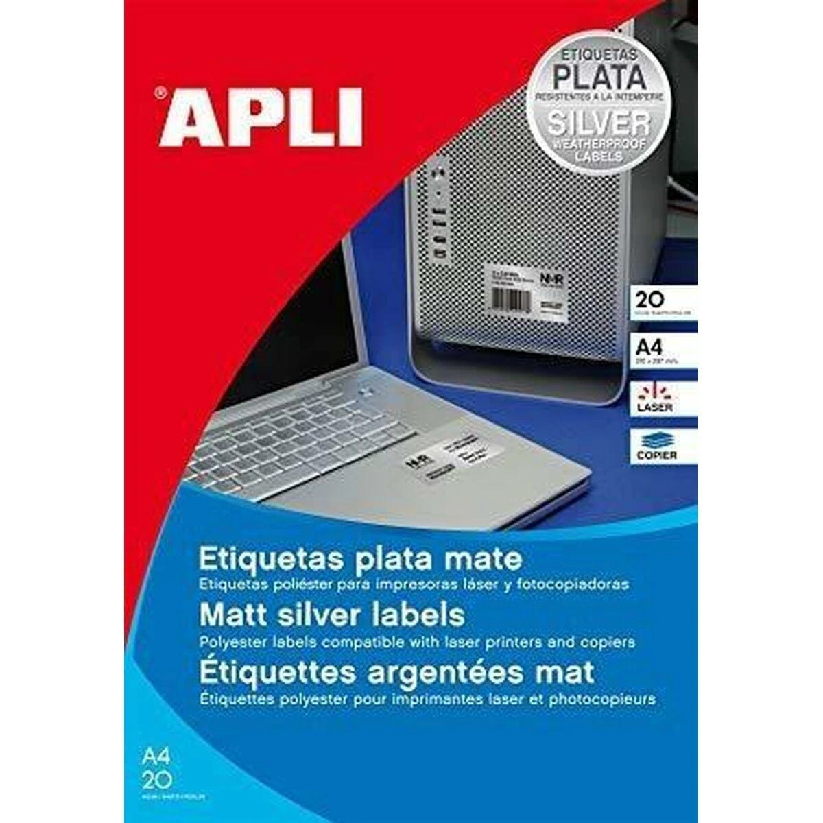Lipnios etiketės Apli, A4, 45.7×21.2mm, 48 etiketės lape, 20 lapų, sidabrinės spalvos