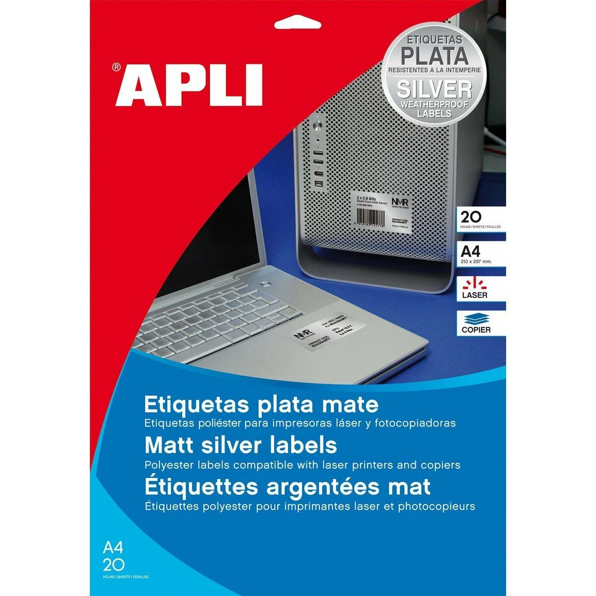 Lipnios etiketės Apli, A4, 210x297mm, 1 etiketė lape, 20 lapų, sidabrinės spalvos