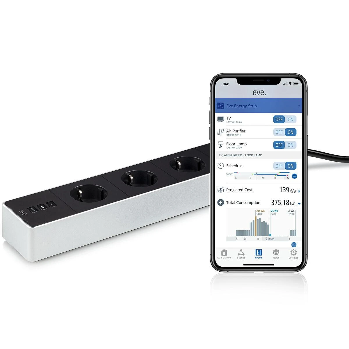 Eve Systems EVE Energy Strip – prijungtas trigubas Apple HomeKit lizdas