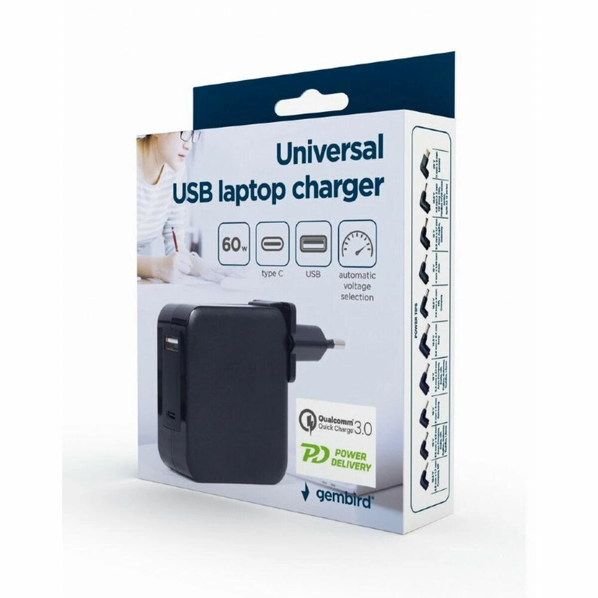 GEMBIRD NPA-PD60-01 universalus 60 W USB C tipo PD nešiojamojo kompiuterio įkroviklis