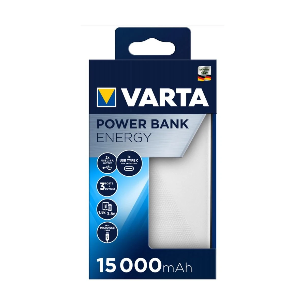 VARTA Powerbank Energy 15000mAh baltos spalvos