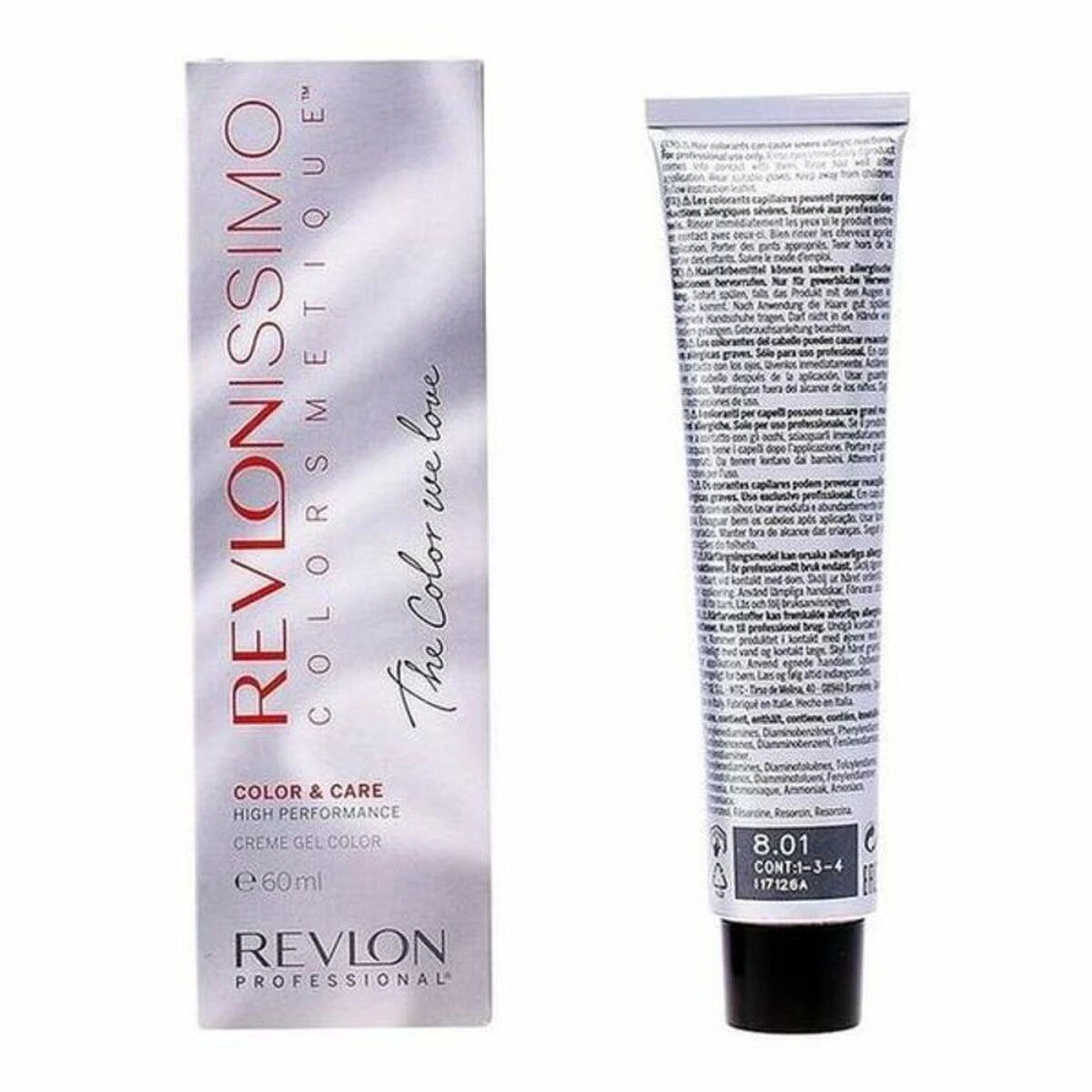 Revlonissimo 8.01 dažų pakuotė ir tūbelė