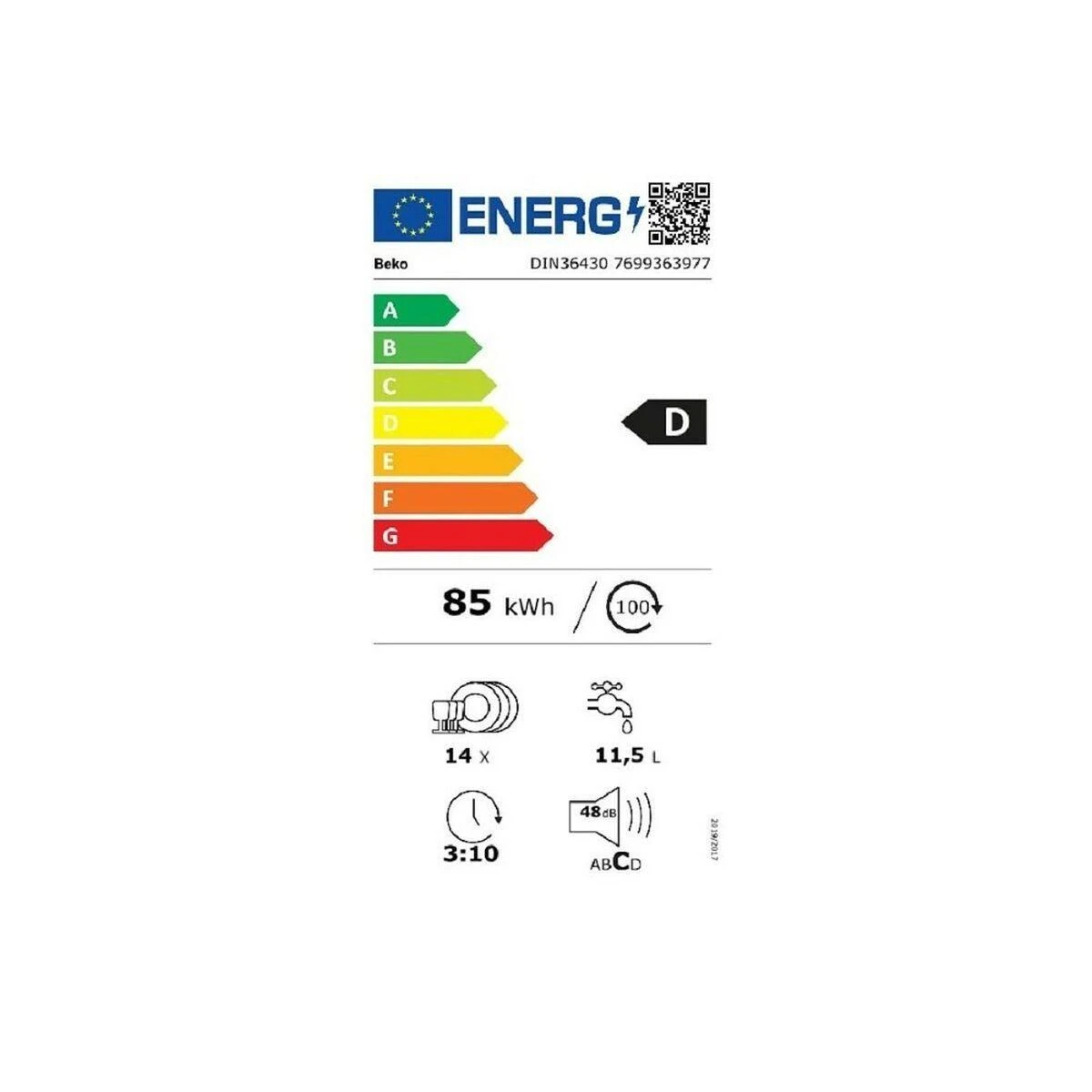 BEKO Built-In Indaplovė DIN36430, D energijos klasė (senas A+++), 60 cm, 6 programos, SelfDry, Led spot