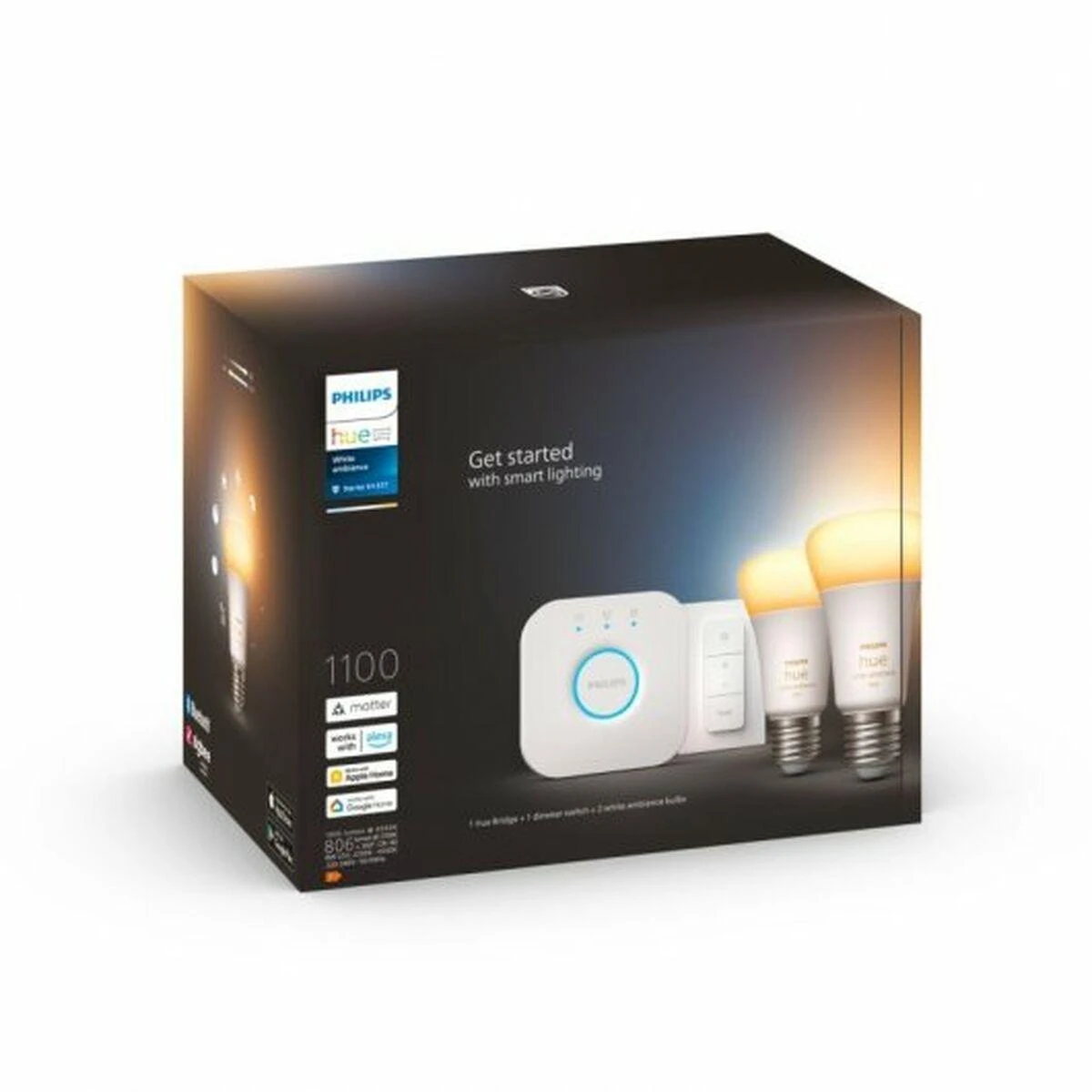 Philips Hue "White ambiance” pradžios rinkinys: 2 E27 išmaniosios lemputės (1100) + šviesos reguliatoriaus jungiklis