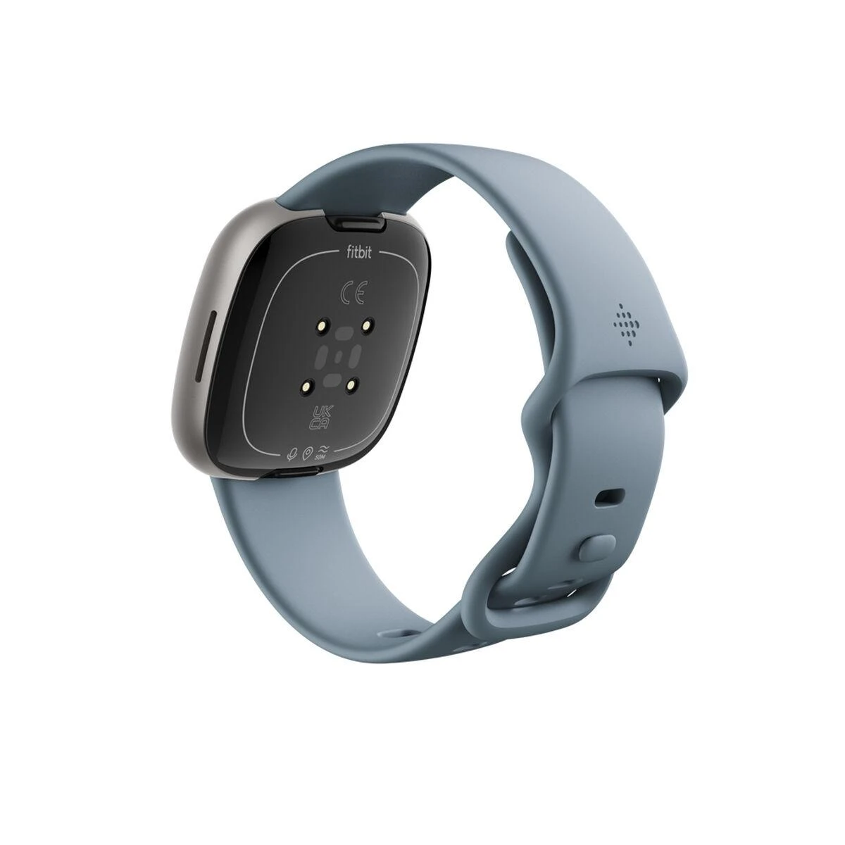Išmanusis laikrodis Fitbit Versa 4, Platinos spalvos korpusas su melsvos spalvos silikoniniu dirželiu