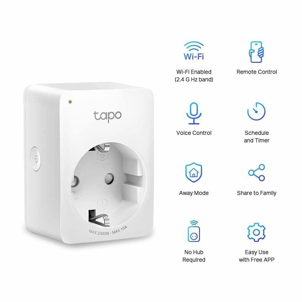 TP-LINK Tapo P100 (1 vnt. pakuotė) mini išmanusis „Wi-Fi“ lizdas, palaikomas „Alexa“ ir „Google Assistant“, 10A